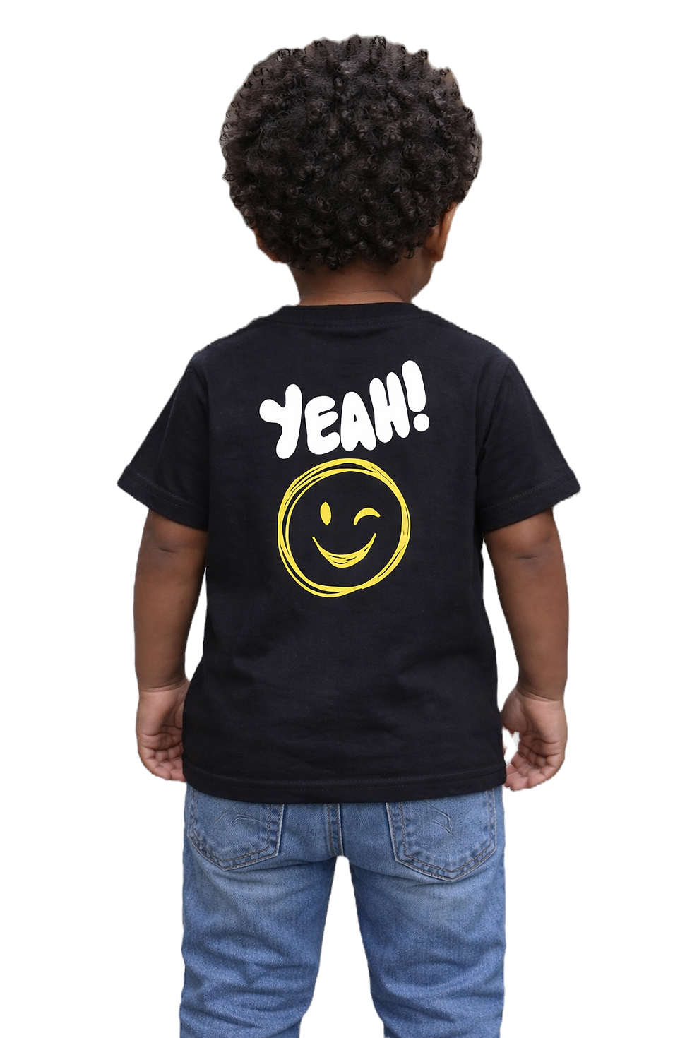 Thumbnail: Child's back in black shirt with YEAH! and winking face