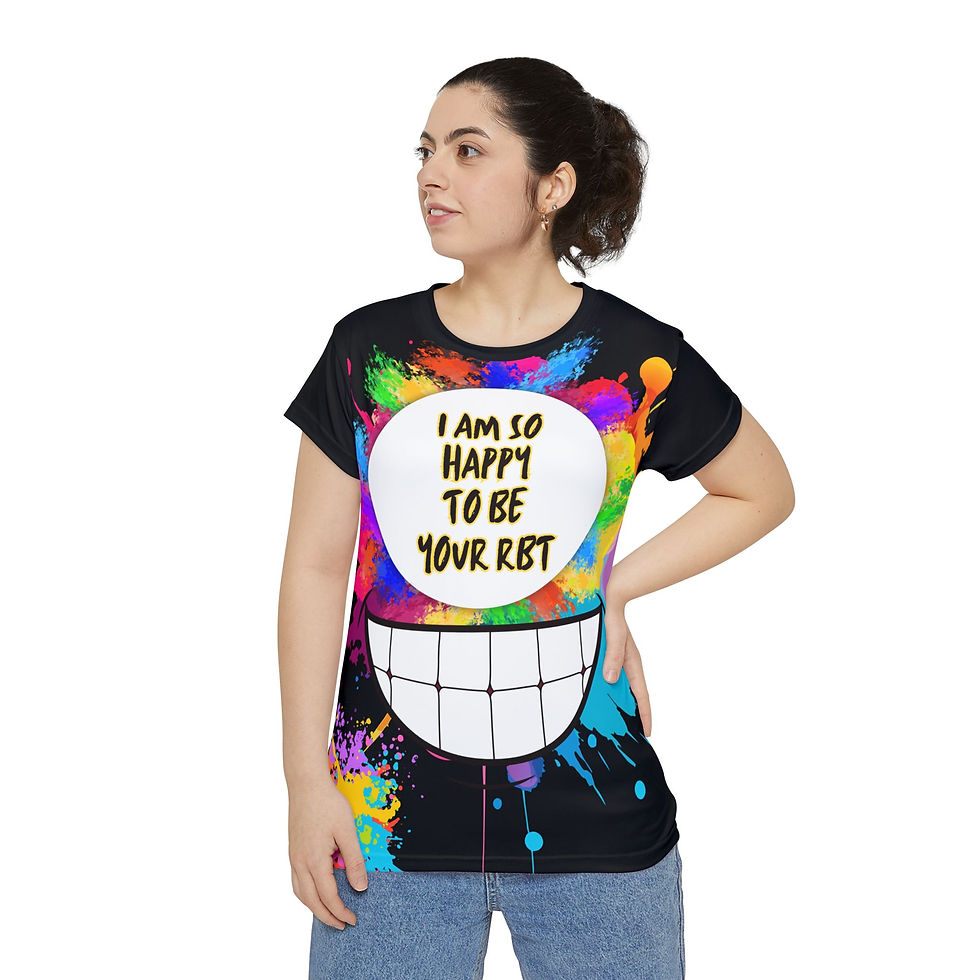 Miniatura: Woman in black RBT t-shirt with colorful design