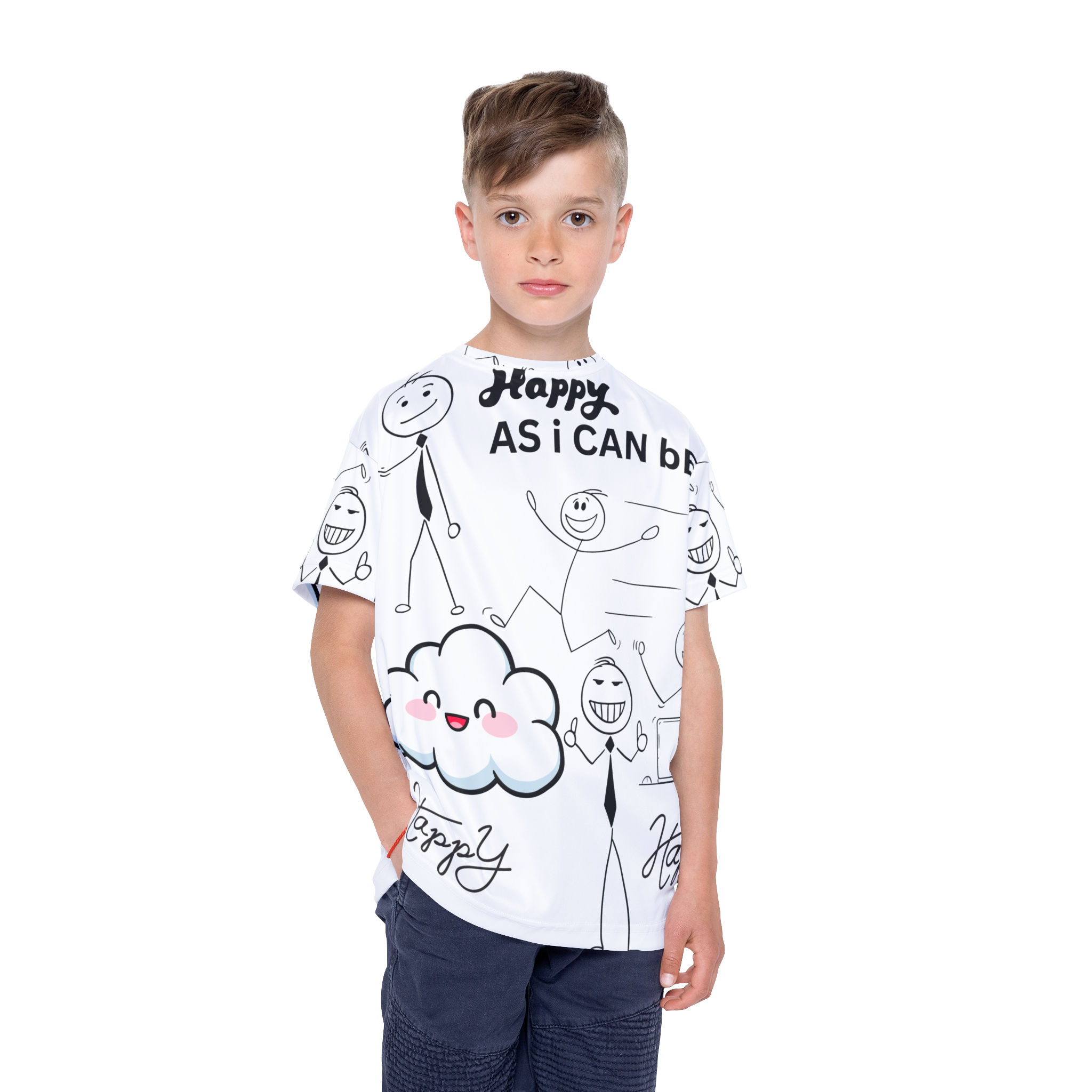 Boy in white graphic tee, 'Happy AS I CAN BE' text