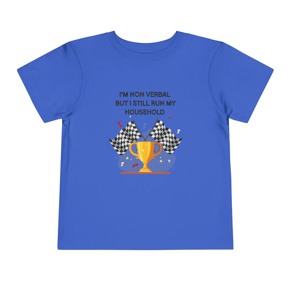 Thumbnail: Blue youth tee: 'I'M NON-VERBAL BUT I STILL RUN MY HOUSEHOLD', trophy, checkered flags. Great for kids with autism.