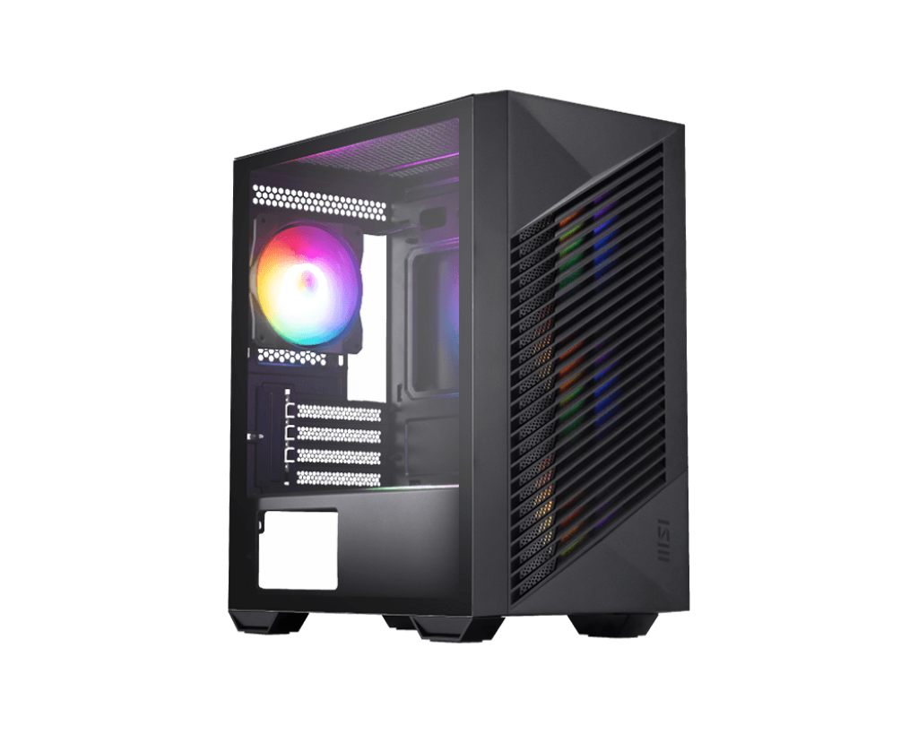 MSI PRO FORGE M050A Case front mesh panel with RGB fans lit up