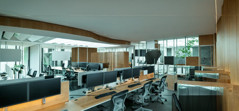 Workplace interior visual with benching and shared work zones