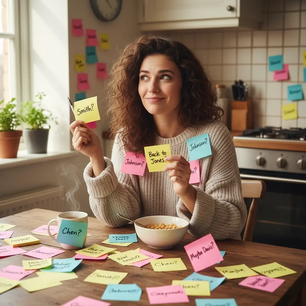 Woman humorously deciding which last name to choose after divorce.