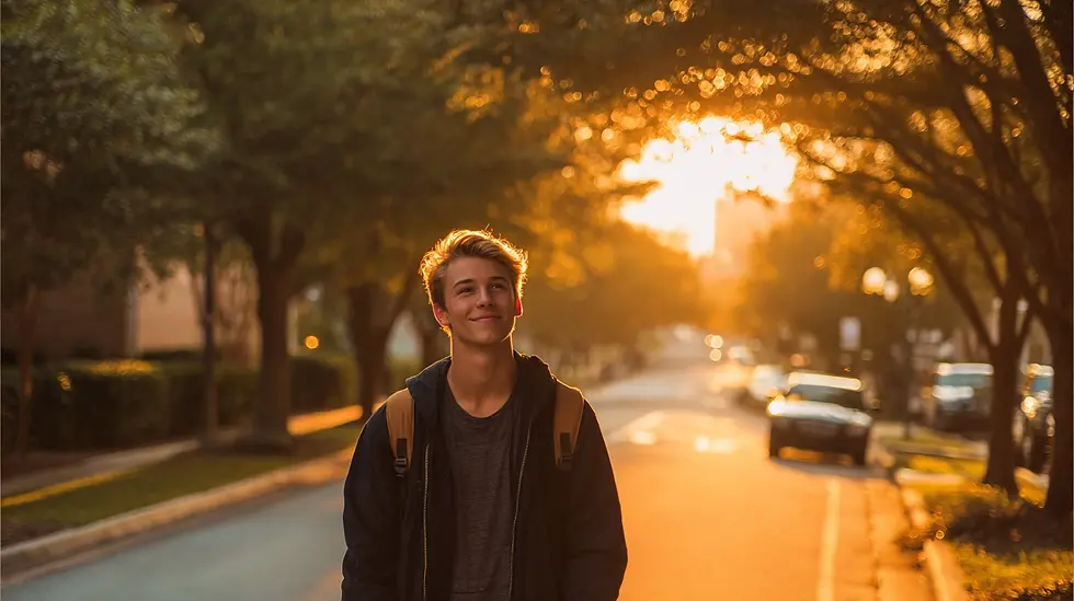 Young man walking down a tree-lined street in Thomson, Georgia at sunset, smiling with relief after completing a pretrial diversion program.