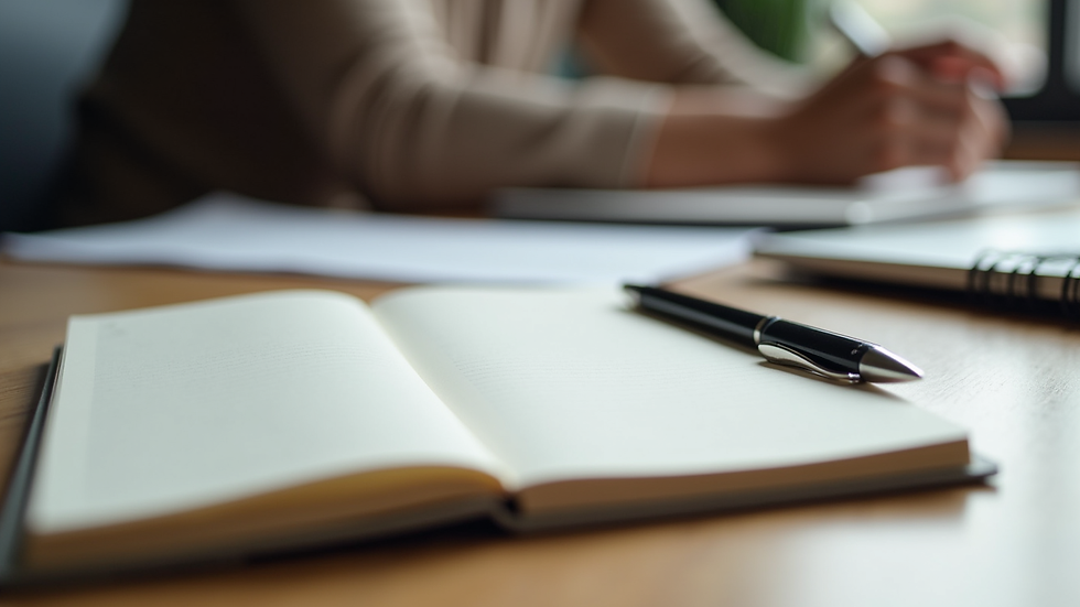 Close-up view of a notebook and pen on a table during a support group session
