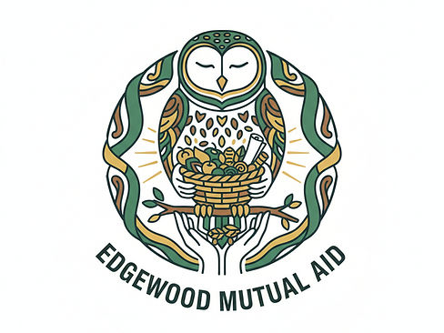 create a logo for our neighborhood mutual Aid initiative with a barred owl sharing resourc