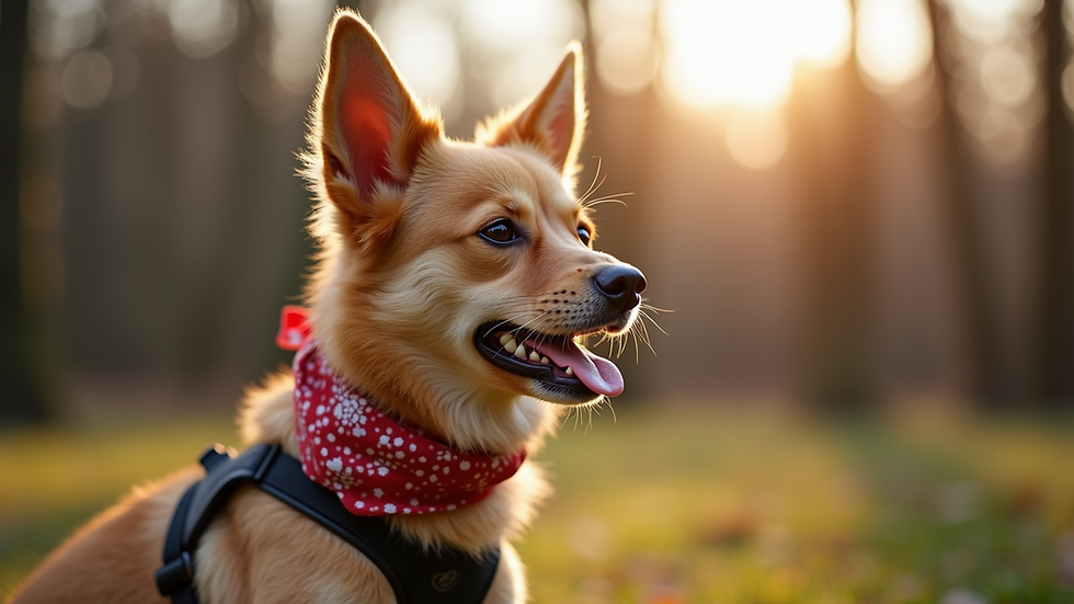 Close-up view of a dog wearing a stylish harness and bandana