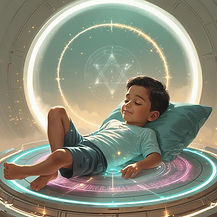 “Ethereal semi-realistic digital painting of a calm 3-year-old Latino boy comfortably lyin