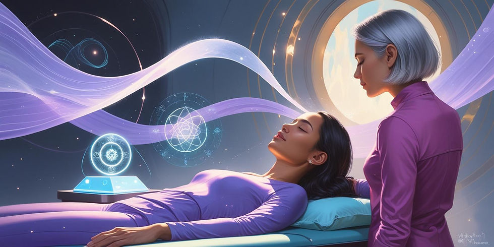 Ethereal semi-realistic digital painting of a Latina woman peacefully lying on a holistic