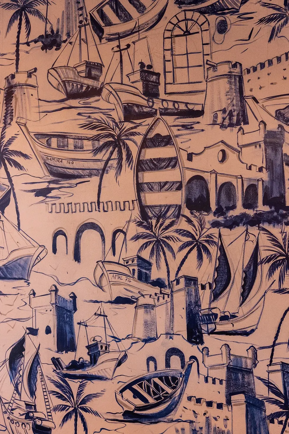 Artistic wall mural inside Café Vera in Essaouira, inspired by coastal and local design.