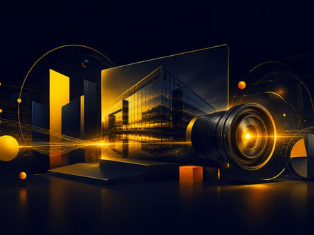 Obiectiv de cameră și clădire modernă aurie pe fundal negru, cu linii luminoase și forme geometrice abstracte.