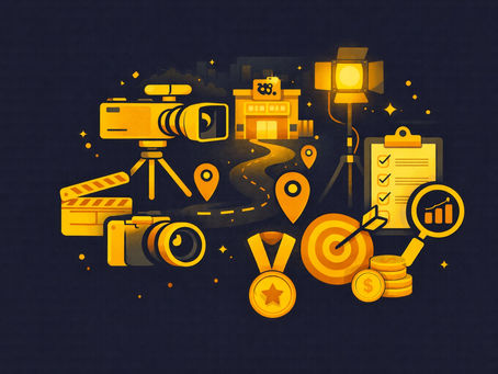 Ilustrație cu cameră, trepied, lumini de studio, clipboard cu liste, medalii și ținte, în tonuri de galben pe fundal întunecat, cu simboluri de locație.