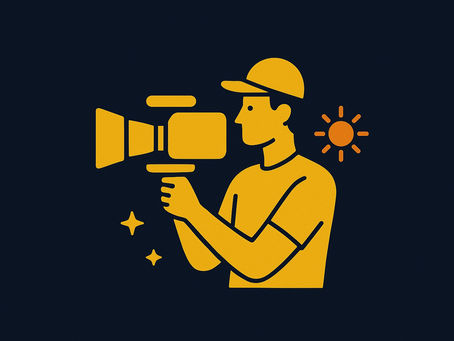 Ilustrație galbenă pe fundal albastru închis. Persoană cu cameră video, soare și stele, exprimând creativitate și energie.