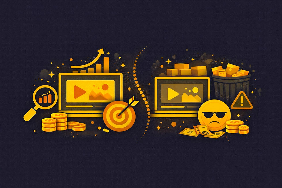 Ecran galben cu grafice în creștere, monede și țintă stânga. Dreapta emoji supărat, bani, grafică oscilantă, fundal întunecat.