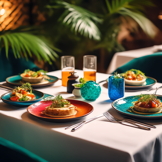 Colorful plates in pink and turquoise shown on a table with cutlery and drinks.