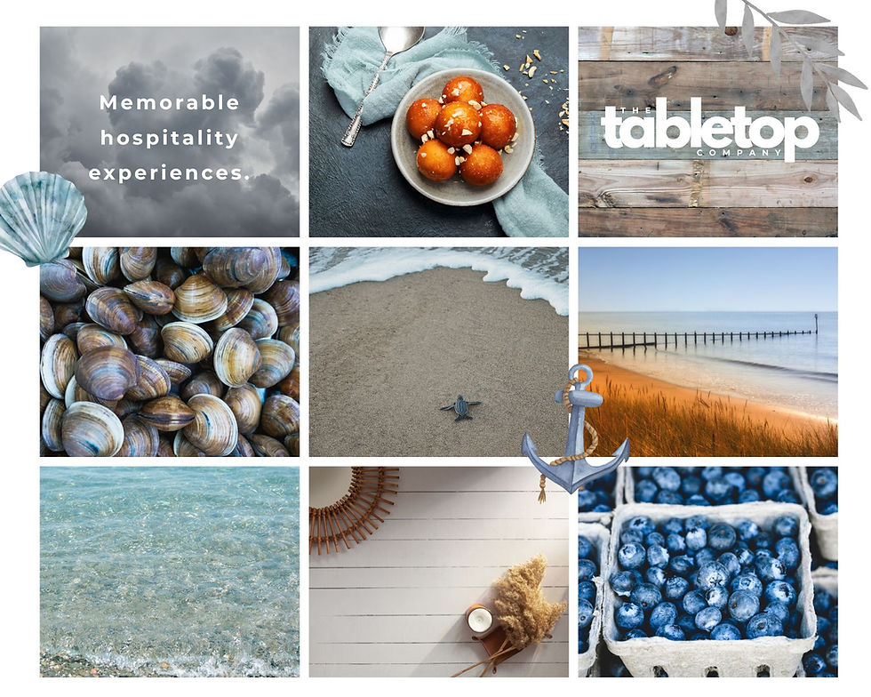 Collage with beach scenes, blueberries, clams, dessert, and rustic wood. Text: "Memorable hospitality experiences," and "The Tabletop Company."