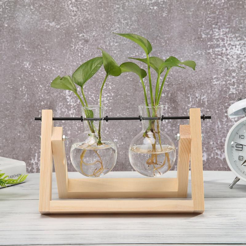 Thumbnail: Transparent Glass Vase Wood Frame Iron Art Terrarium Bonsai Table