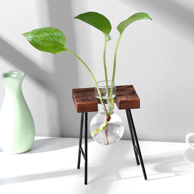 Thumbnail: Transparent Glass Vase Wood Frame Iron Art Terrarium Bonsai Table