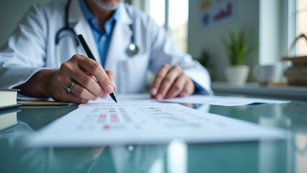 Close-up view of a functional medicine practitioner reviewing lab results