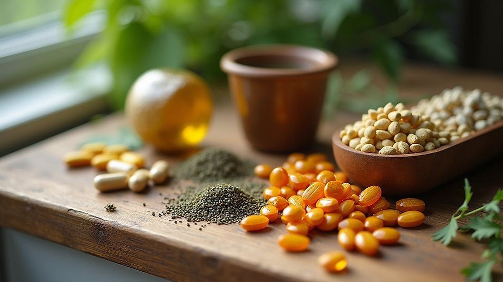 High angle view of natural supplements and detox herbs on a wooden table