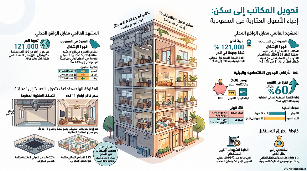 إنفوجرافيك عربي عن تحويل المكاتب إلى سكن في السعودية مع مبنى مقطعي وأرقام ونِسَب ورسوم توضيحية للأثر والجدوى