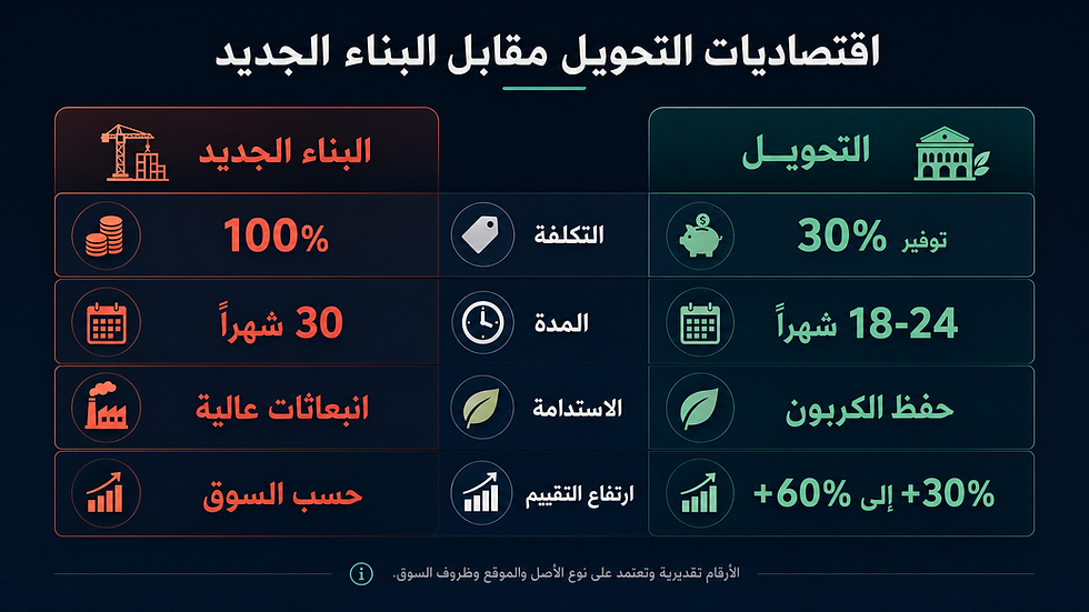 إنفوغراف عربي عن التحول مقابل البناء الجديد، يعرض 100% تكلفة و30 شهرًا للبناء، و30% توفير و24-18 شهرًا للتحول