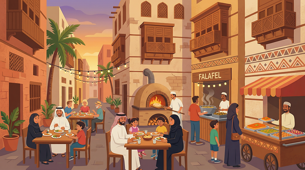 Illustration of vibrant traditional food street in Jeddah Al-Balad historic district with families dining at traditional restaurants and a traditional bakery oven