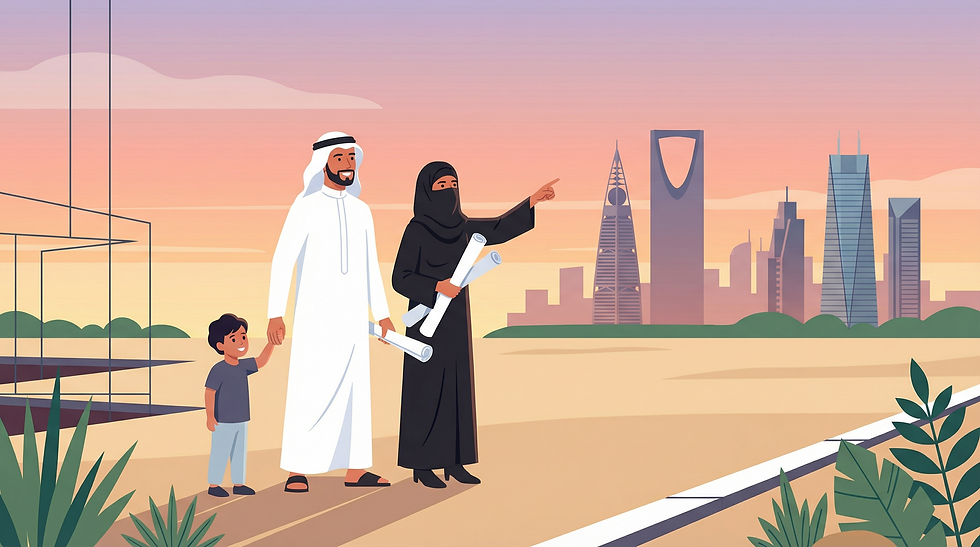 عائلة تضم رجل وامرأة وطفل يحملون مخططات، يقفون في حقل ويشيرون نحو أفق مدينة حديثة عند غروب الشمس بألوان دافئة.