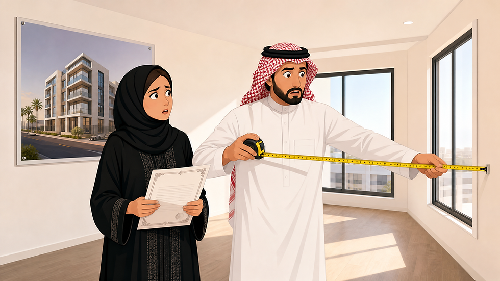 رجل يقيس الجدار بشريط قياس وامرأة تحمل مستندًا في شقة حديثة مضاءة، مع تعابير قلق وحيرة.