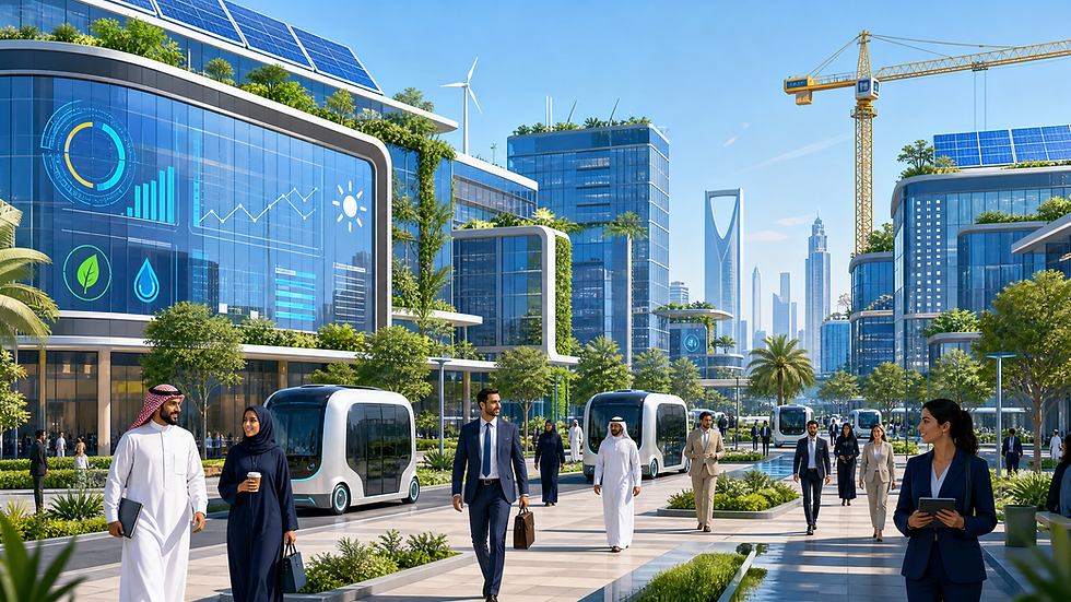 مدينة ذكية خضراء بزجاج أزرق وألواح شمسية وتوربينات، وناس يمشون قرب مركبات ذاتية القيادة تحت سماء صافية.