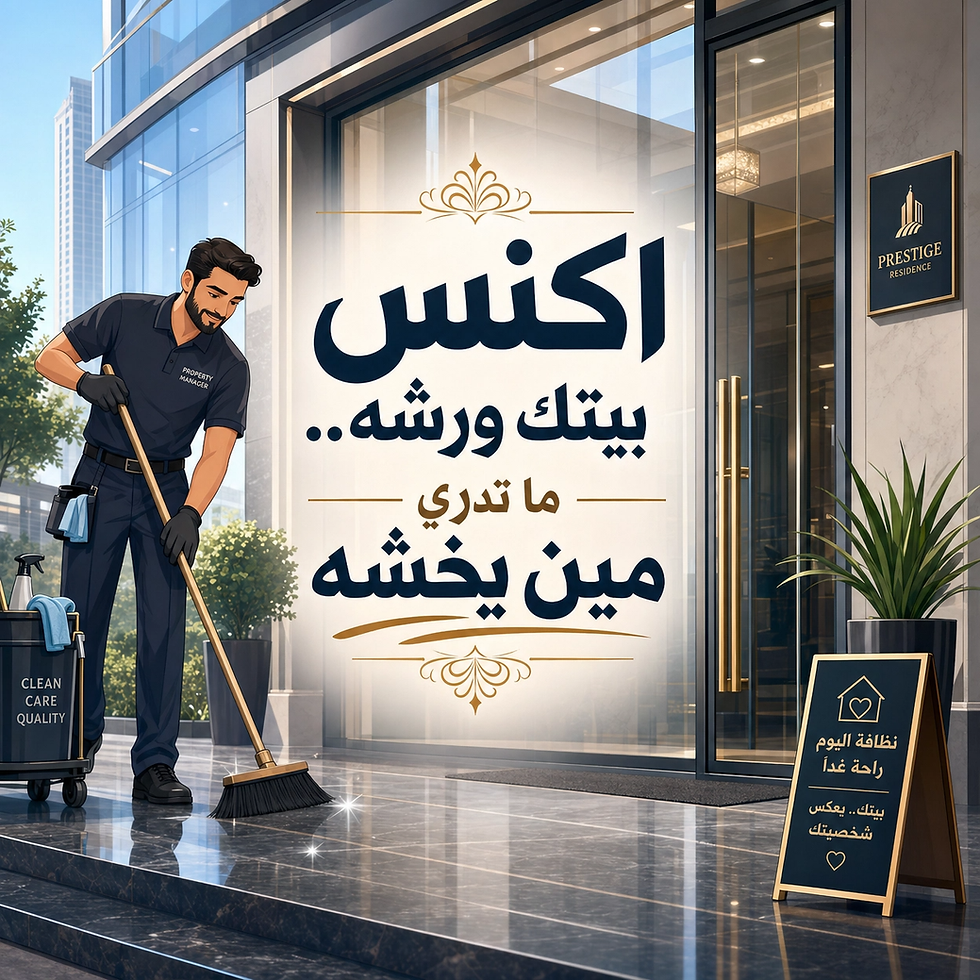 عامل نظافة يمسح الأرض بالخارج بجانب لافتة تسويقية لمبنى "برستيج ريزيدنس". خلفية زجاجية ونباتات، والأجواء مهنية وجادة.