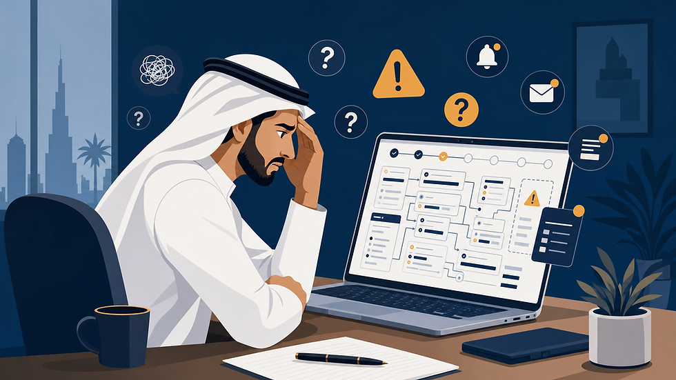 شاب عربي يجلس أمام حاسوبه في مكتب، يبدو قلقًا أمام مخطط، تتناثر حوله رموز الاستفهام والتنبيهات، في الخلفية مشهد لمدينة.