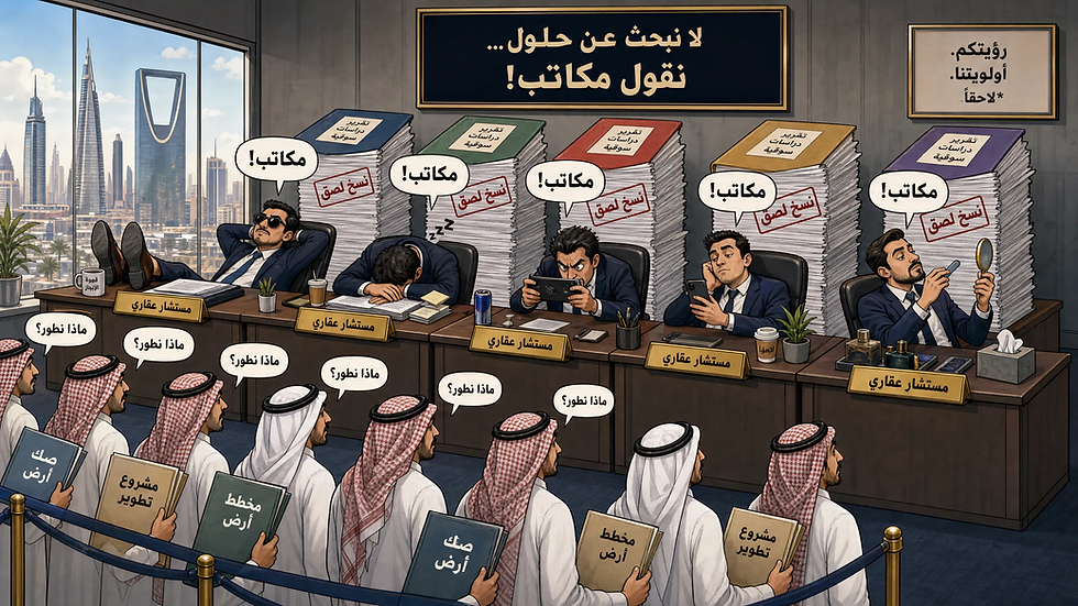 مكتب ساخر مزدحم برجال أعمال خلف أكوام تقارير مختومة نسخ لصق، ولوحات تقول: لا نبحث عن حلول... نقول مكاتب!
