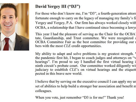 David A. Yergey III ("D3") announces candidacy for OCBA 2021-2022 Executive Council 