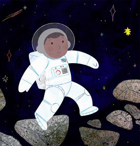 Illustration enfant astronaute souriant. Il avance sur des rochers dans l'espace.