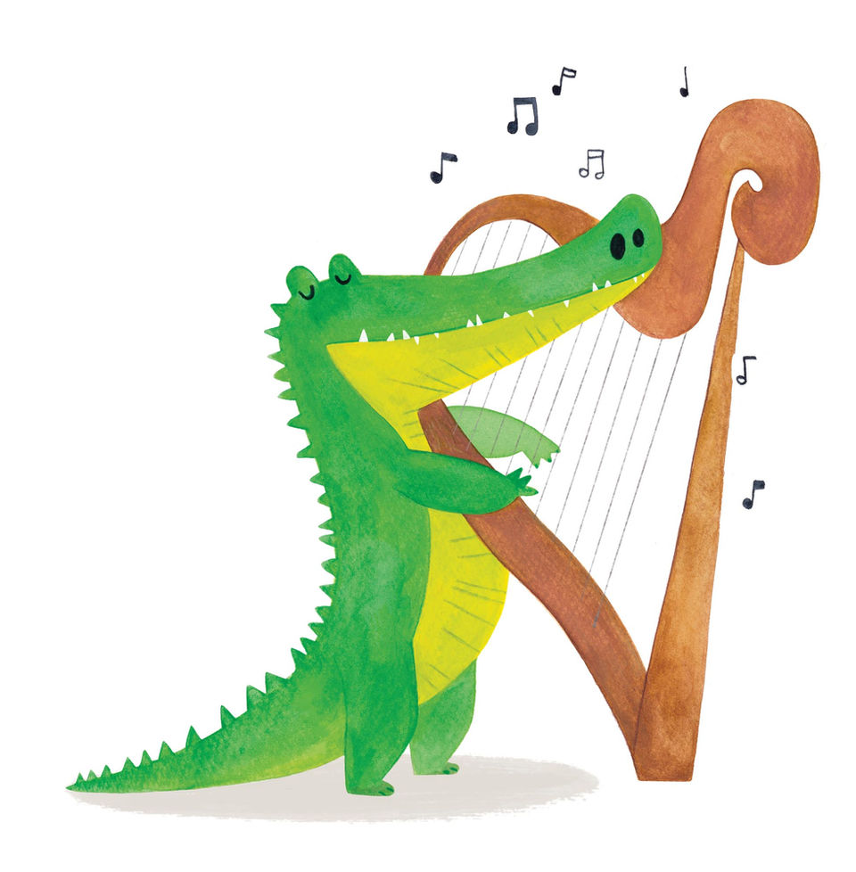 Illustration d'un crocodile qui joue de la harpe, à l'encre colorée. Musicien, illustration pour enfant.
