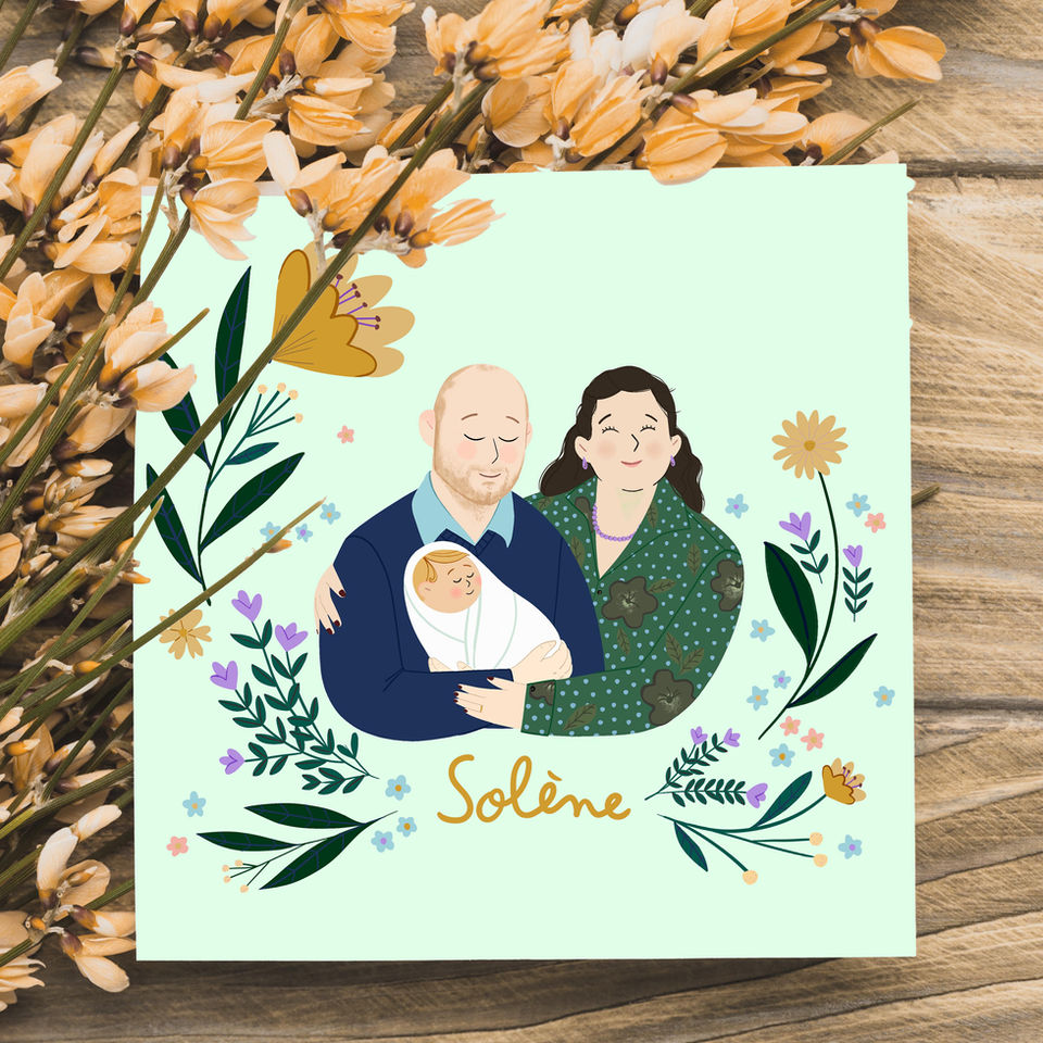 Faire part illustré. Portrait personnalisé, faire part de naissance illustré. Famille dessinée, enfant fille ou garçon. Faire part de baptême, de mariage... Portrait personnalisé