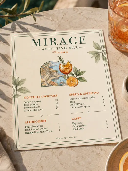 Modern gestaltete Mirage Aperitif-Getränkekarte mit elegantem Editorial. Grafikdesign