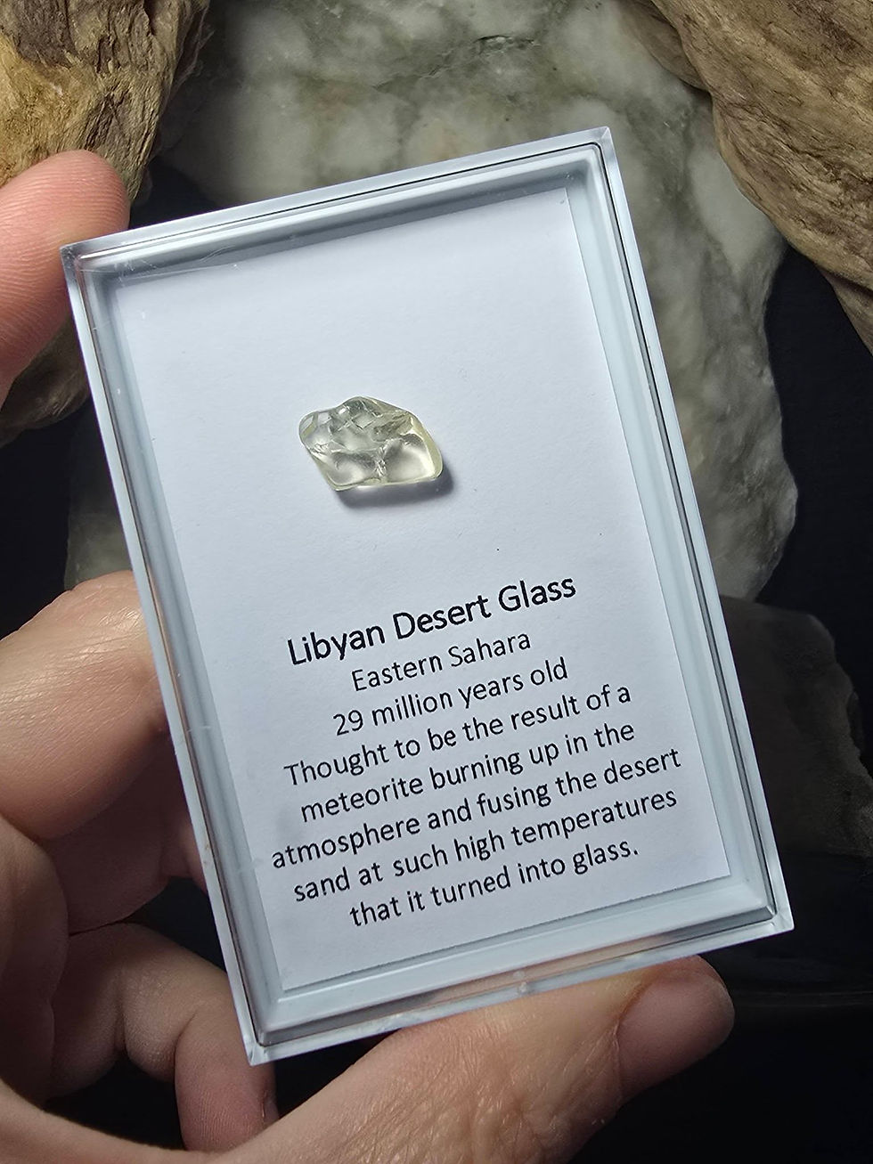Thumbnail: libyan desert glass boxed and labelled hand held