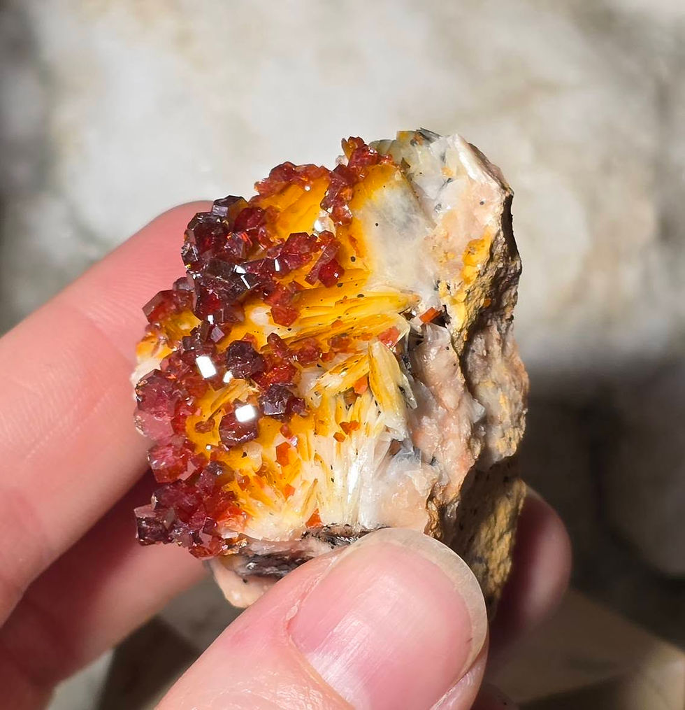 Thumbnail: vanadinite on baryte hand held side view