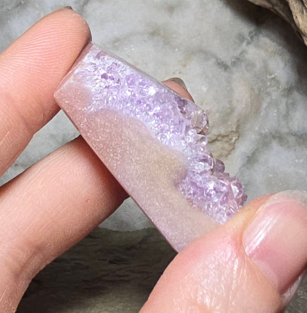 Thumbnail: druzy pink amethyst shape hand held side view