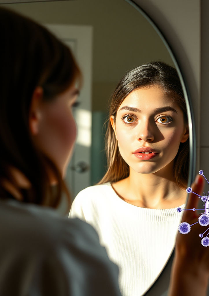 mujer latina viendose en el espejo con asombro por encontrarse una cana