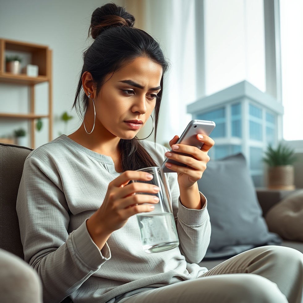 Mujer sentada en su casa mirando su celular buscando medicina alternativa contra el cáncer.