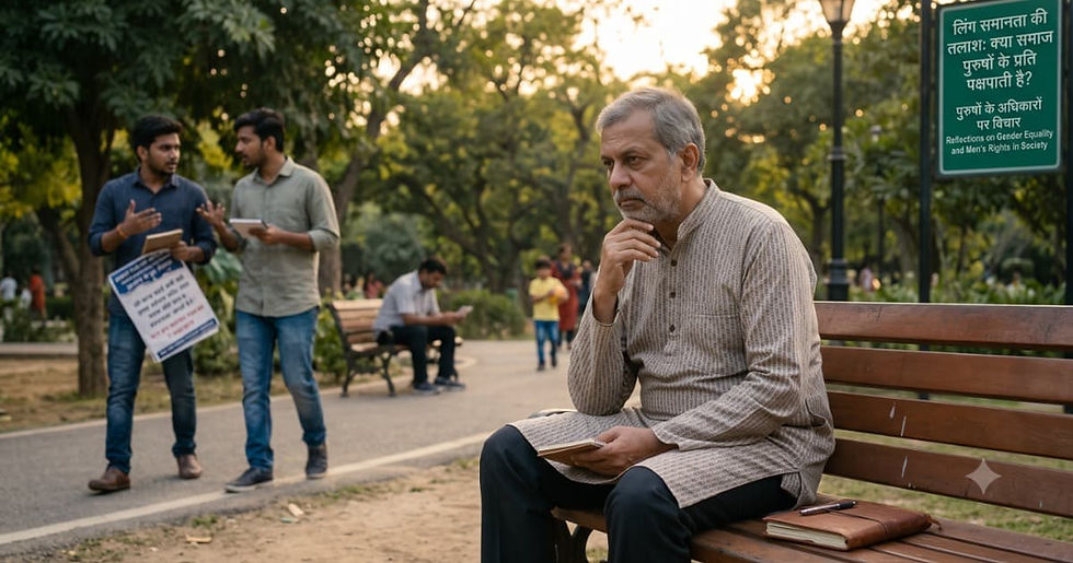 A man reflecting on misandry and societal gender bias against men in a park