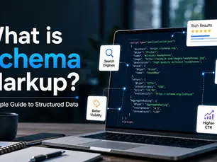 What is Schema Markup? Illustration showing structured data, JSON-LD code, and rich results in Google Search.