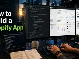 Professional Shopify app development workspace showing Shopify dashboard, React code, GraphQL API integration, and developer building a custom Shopify app.