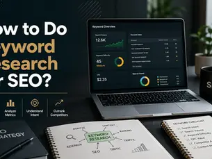 Professional SEO keyword research workspace showing keyword analysis dashboard, search intent planning, competitor research, and SEO strategy for keyword research.
