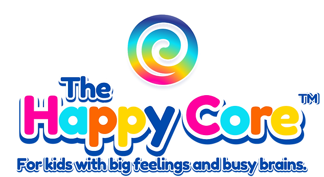The Happy Core™ logo with a colorful spiral icon and bright rainbow lettering. Tagline reads “For kids with big feelings and