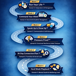 The College Launch Program™ ADHD college readiness roadmap showing six weeks: Run Your Life, Command Your Week, Speak Up & Show Up, Pressure Proof, 30-Day Connection Plan, and Hard Week Playbook from high school to college independence.