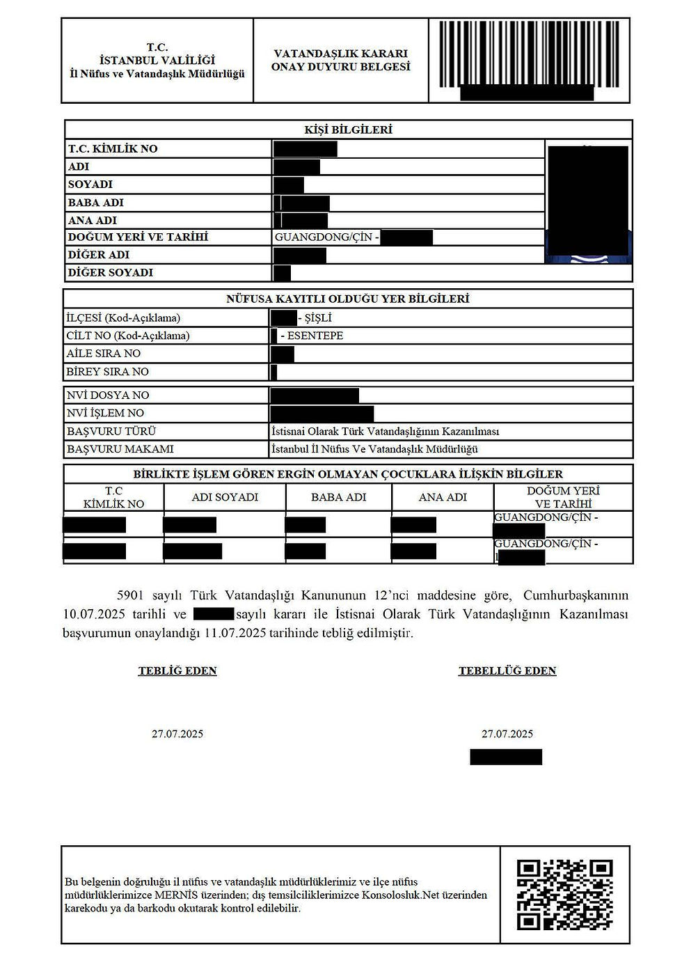 Redacted Turkish citizenship approval notice document, part of a client's successful application story.